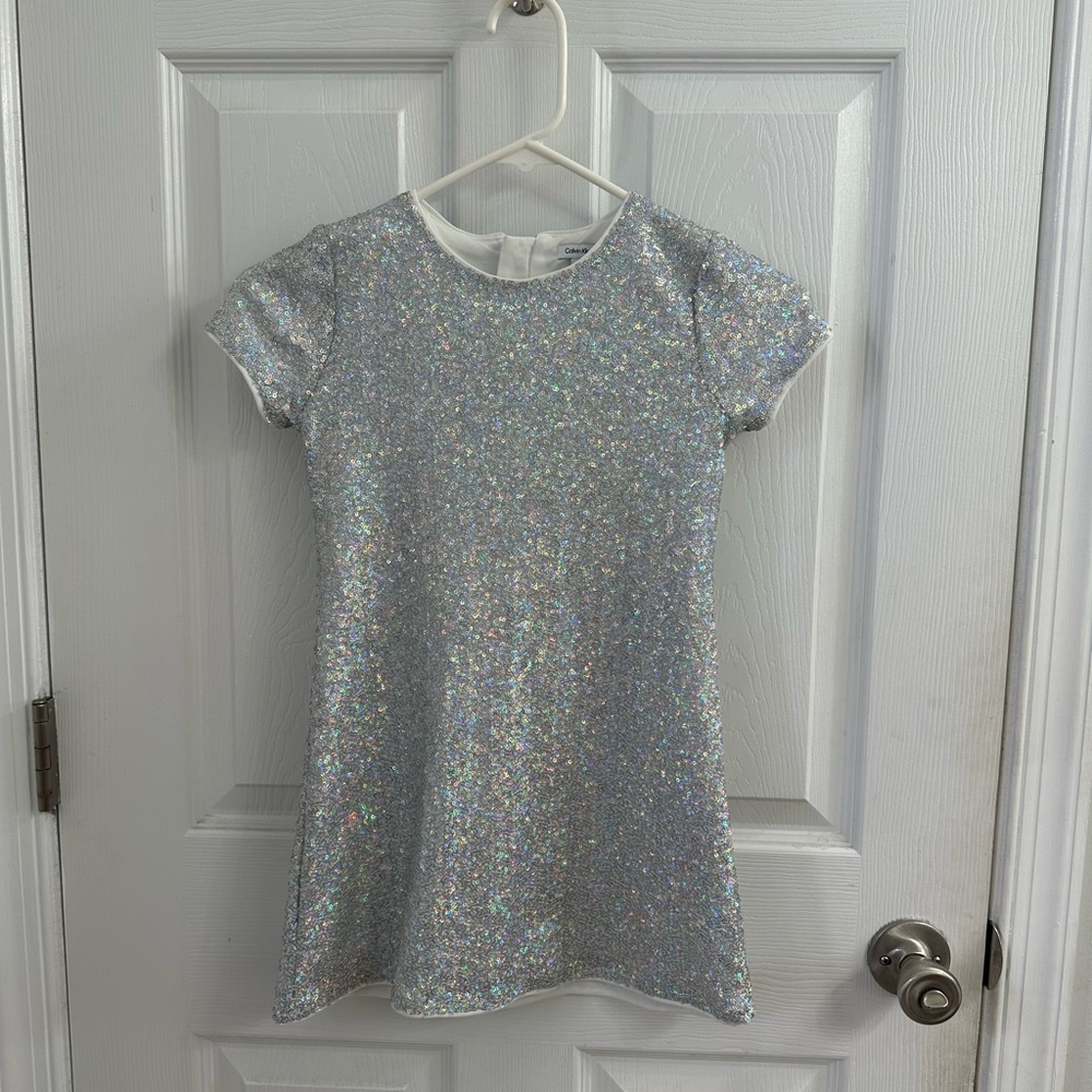 Calvin Klein Sparkling Sequin Silver Short Sleeve Shirt Dress Girls Size 6